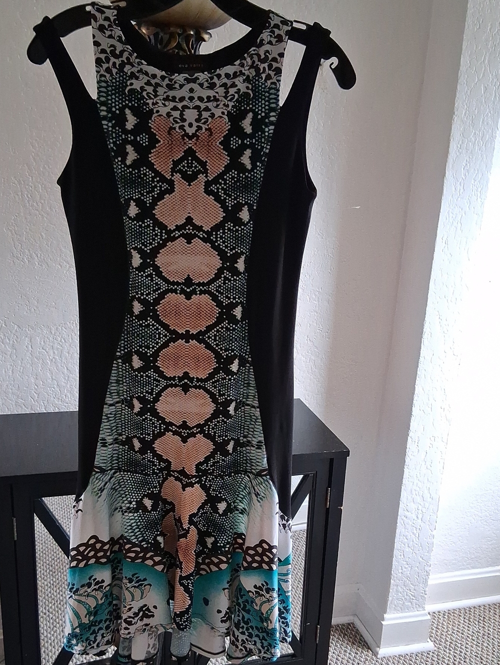 eva varro Black Dress with Teal and Peach Print